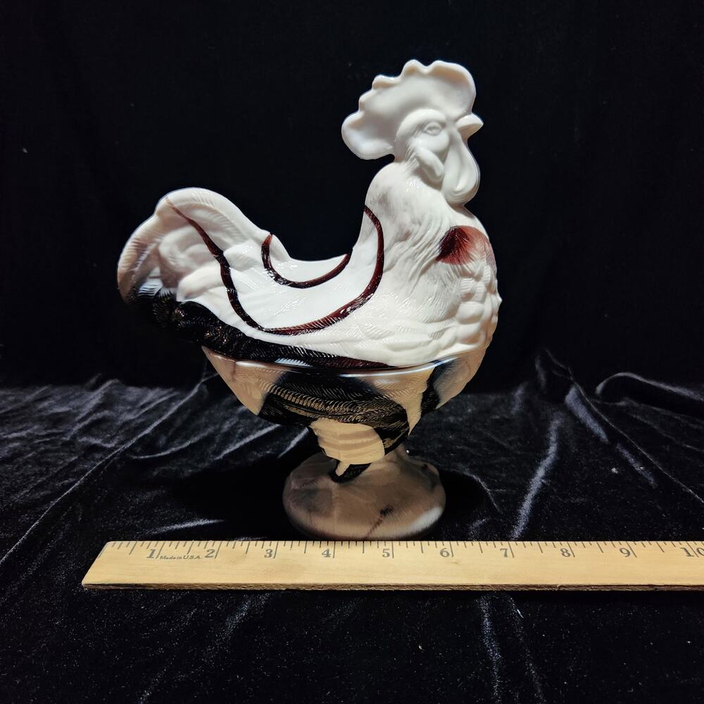 VTG Imperial Purple Slag Glass Rooster Covered Pedestal Dish Amethyst White 8"